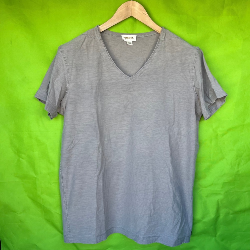 Diesel Mens V-Neck Slub T-Shirt Grey Short Sleeve Raw Edge Size L